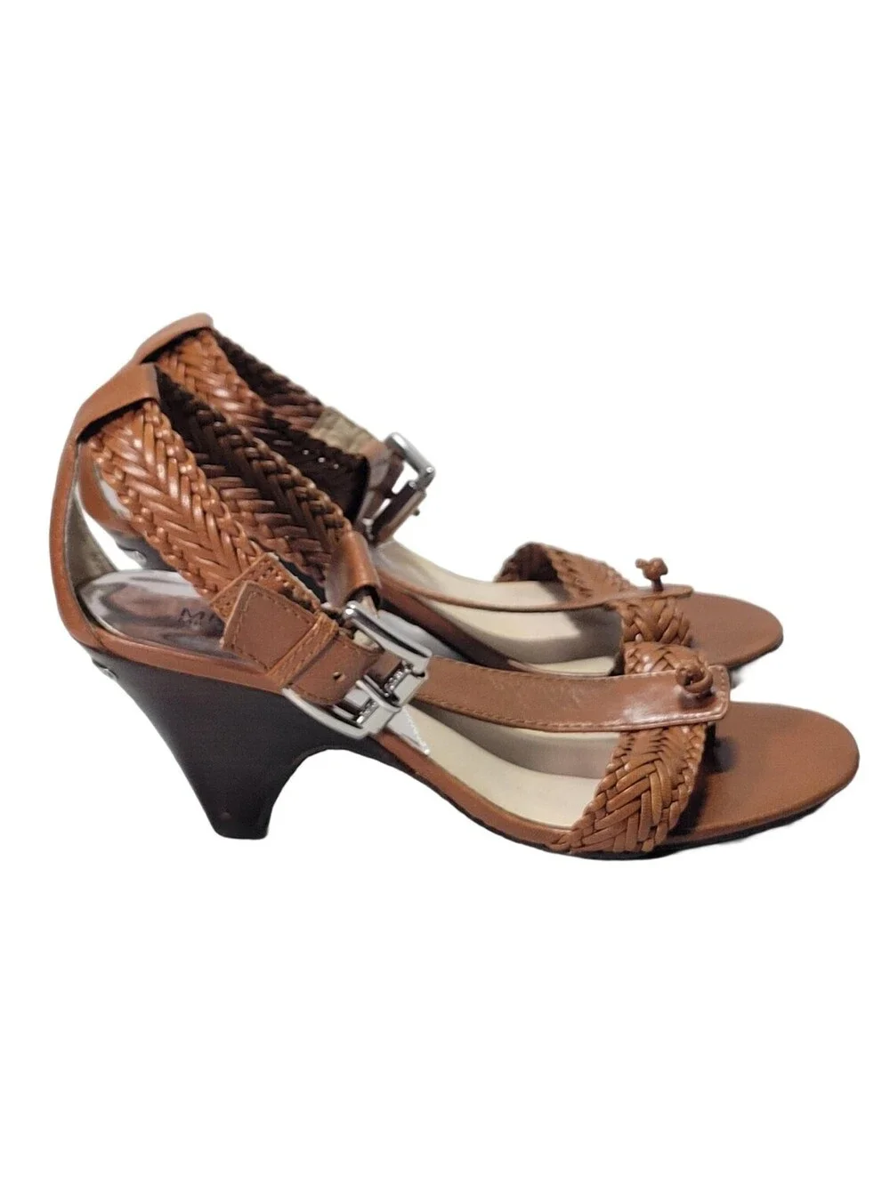 MICHAEL KORS LADIES BROWN BRADED LEATHER THONG HEELS ANKLE STRAP SIZE 9M